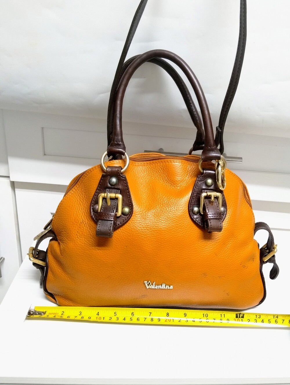 Valentina Orange Leather Satchel with Dark Brown Handles and Gold Hardware